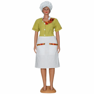 3 piece Best nanny uniforms in Kenya with Tetrex dress, matching cap and half apron with kitenge details