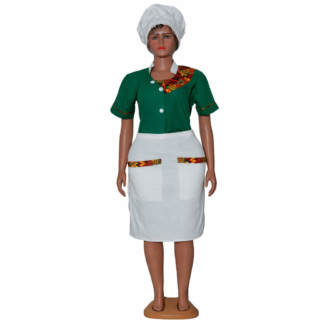 3 piece nanny uniforms in Kenya with Tetrex dress cap and half apron with kitenge details
