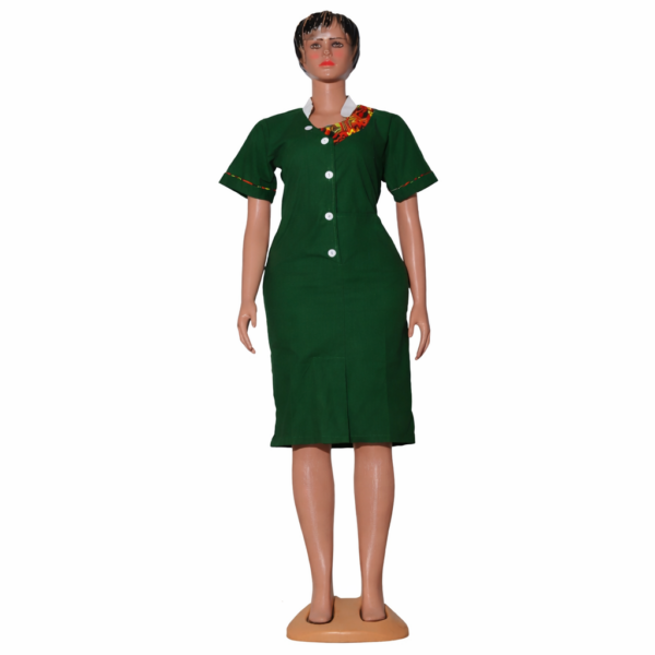 Buy 3 piece nanny uniforms in Kenya with Tetrex dress cap and half apron with kitenge details