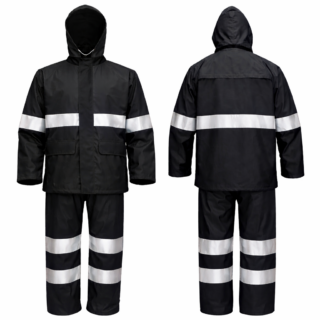 Black reflective rain suit Kenya coat and trouser set made from 190T nylon waterproof material