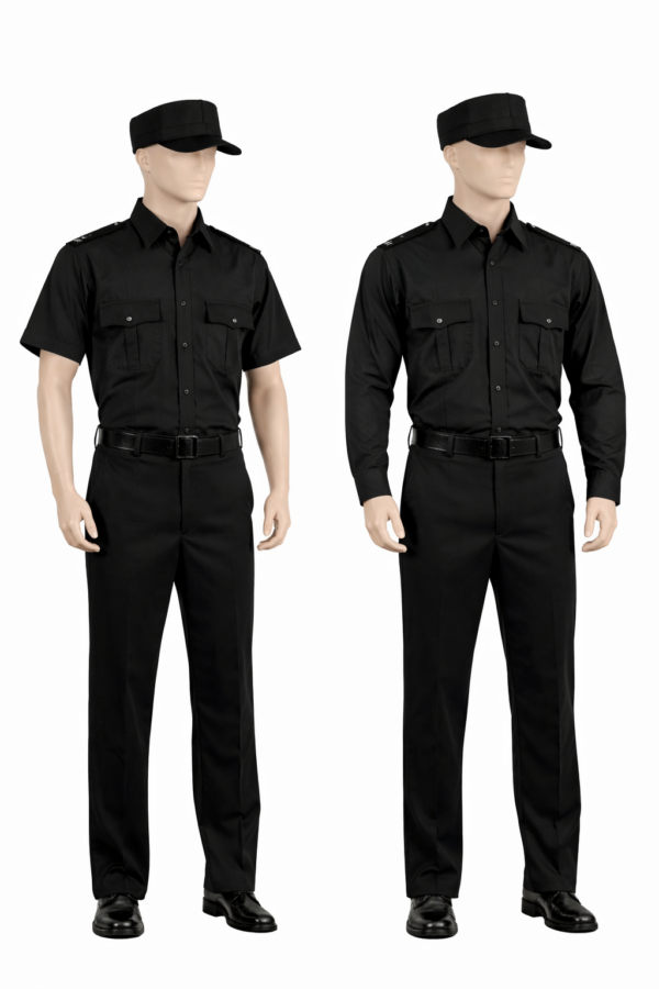 Black security uniform in Kenya made from durable twill fabric for professional guard teams