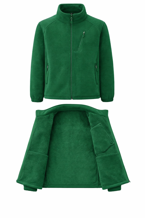 Bottle green fleece jacket in Kenya practical field and outdoor warm layer