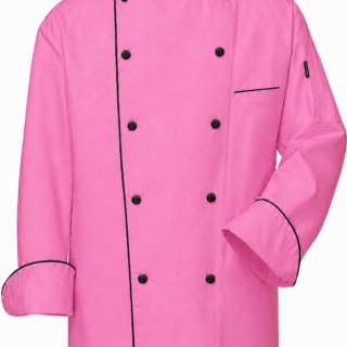 Cotton Tetrex baby pink chef jacket in Kenya with black trim and black buttons