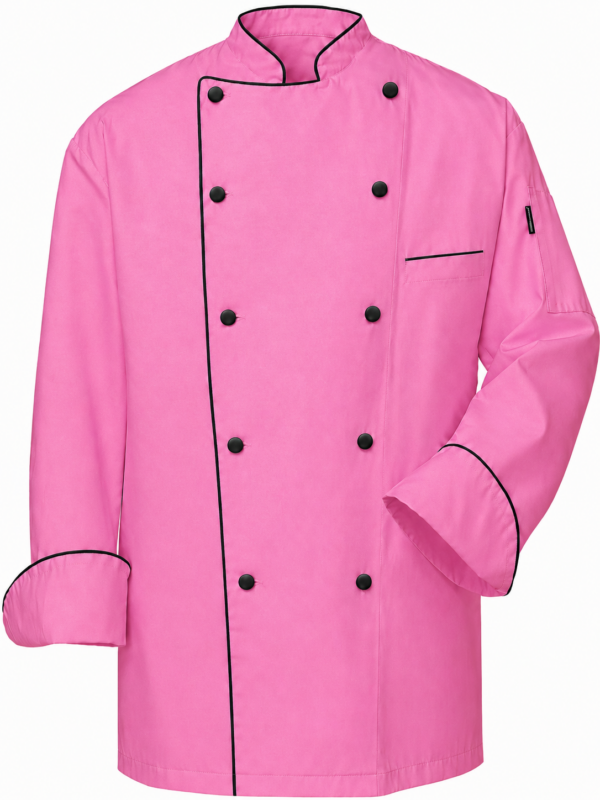 Cotton Tetrex baby pink chef jacket in Kenya with black trim and black buttons