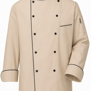 Cotton Tetrex beige chef jacket in Kenya with black piping and black buttons