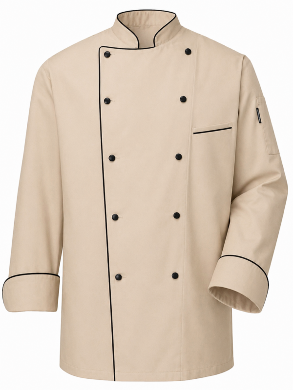 Cotton Tetrex beige chef jacket in Kenya with black piping and black buttons