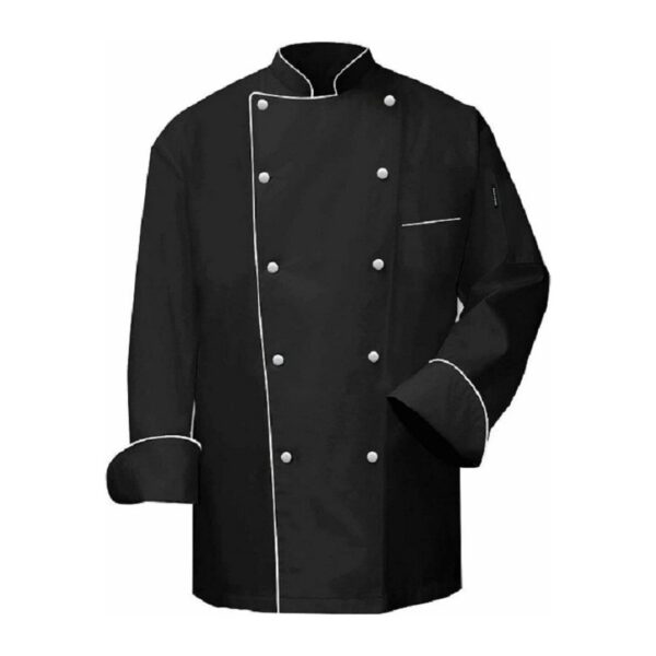 Cotton Tetrex black chef jacket in Kenya with white piping and white buttons