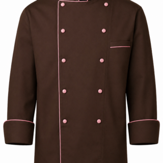 Cotton Tetrex brown chef jacket in Kenya with pink piping and pink buttons