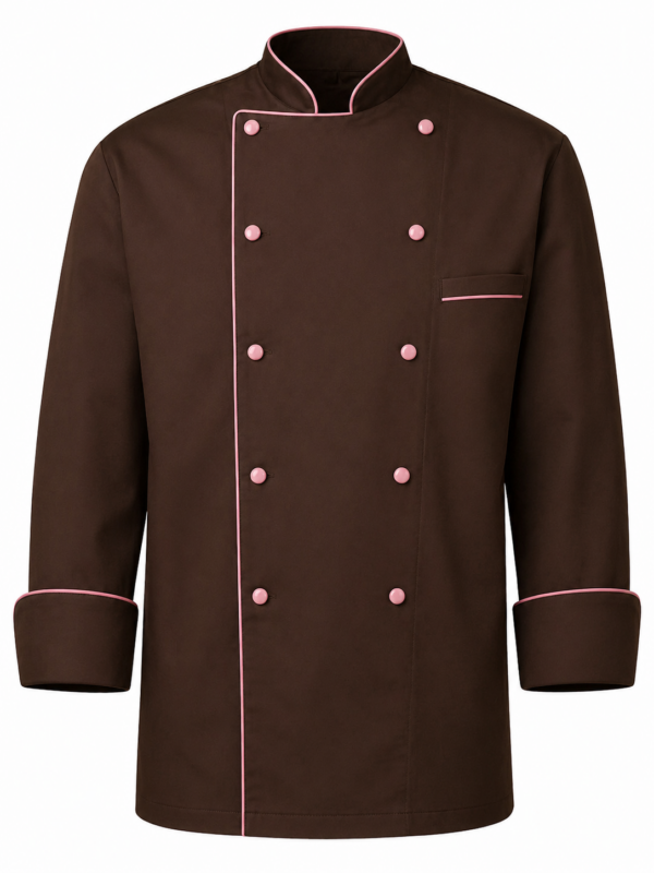 Cotton Tetrex brown chef jacket in Kenya with pink piping and pink buttons
