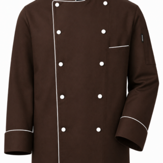 Cotton Tetrex chocolate brown chef jacket in Kenya with white piping and white buttons