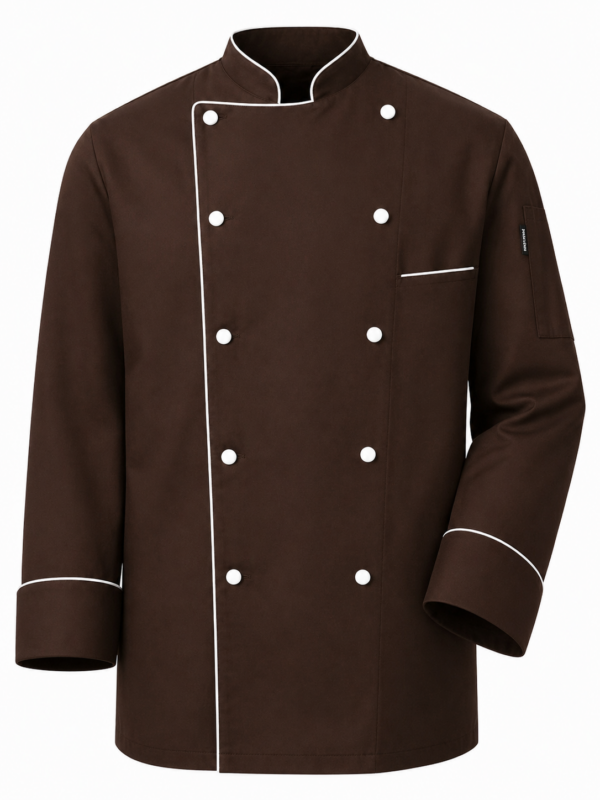 Cotton Tetrex chocolate brown chef jacket in Kenya with white piping and white buttons