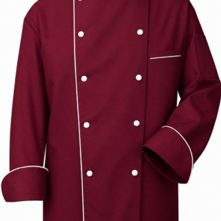 Cotton Tetrex maroon chef jacket in Kenya with white piping and white buttons