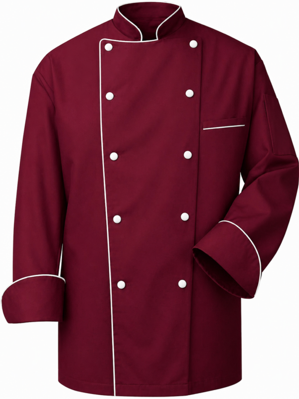 Cotton Tetrex maroon chef jacket in Kenya with white piping and white buttons