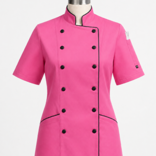 Cotton Tetrex pink chef jacket in Kenya with black piping and black buttons