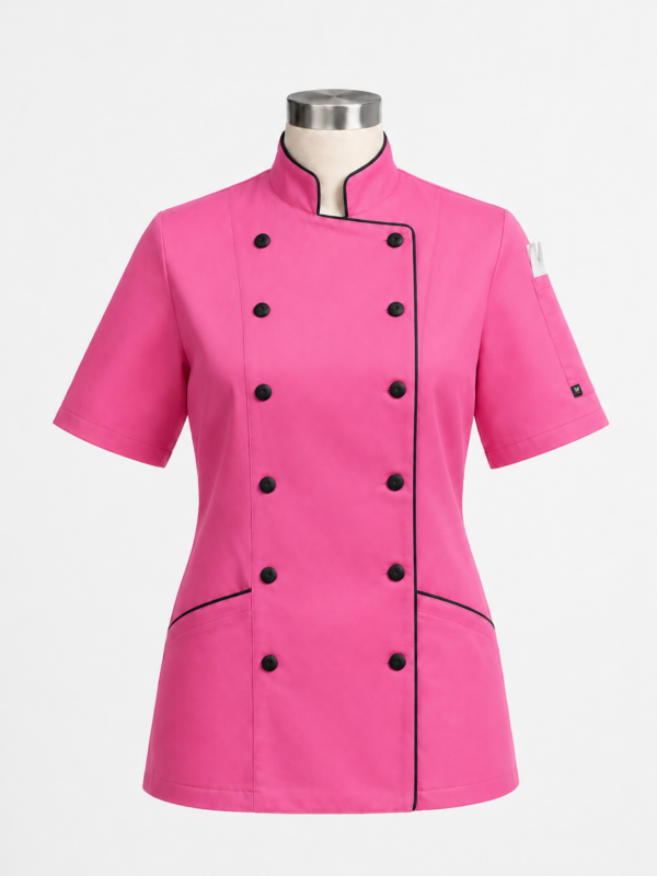 Cotton Tetrex pink chef jacket in Kenya with black piping and black buttons