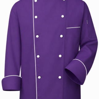 Cotton Tetrex purple chef jacket in Kenya with white piping and white buttons