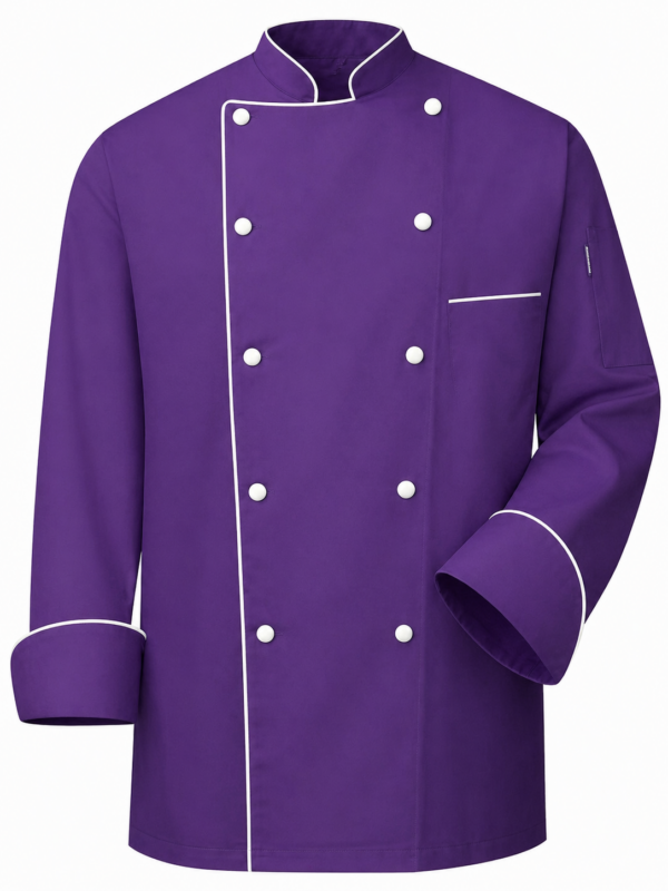 Cotton Tetrex purple chef jacket in Kenya with white piping and white buttons