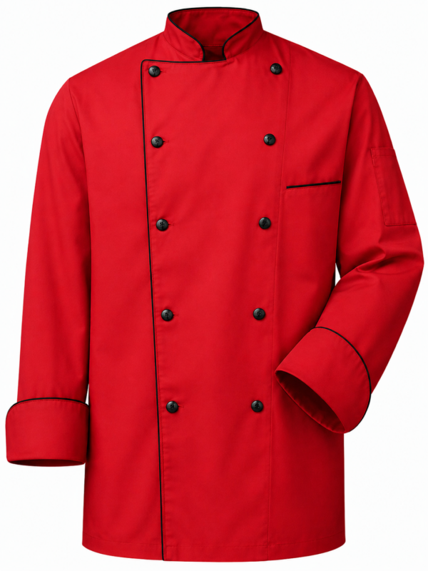 Cotton Tetrex red chef jacket in Kenya with black piping and black buttons