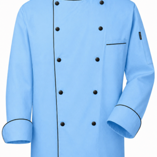 Cotton Tetrex sky blue chef jacket in Kenya with black piping and black buttons