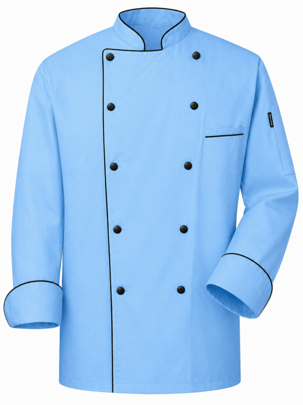 Cotton Tetrex sky blue chef jacket in Kenya with black piping and black buttons