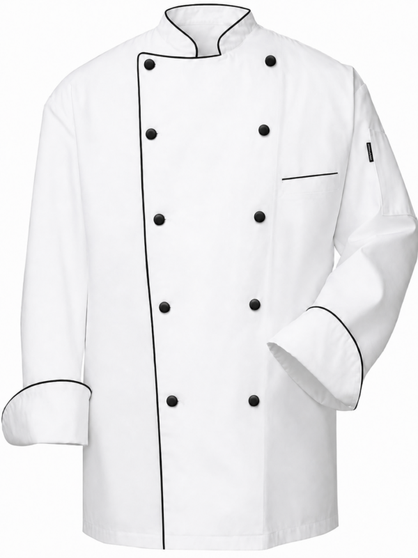 Cotton Tetrex white chef jacket in Kenya with black piping and black buttons
