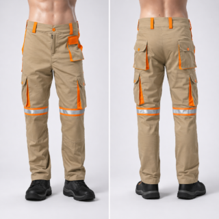 Custom multi-pocket work trousers Kenya in twill fabric with knee guard area and optional orange-silver reflective trim
