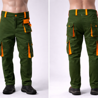 Custom reflective cargo work trousers Kenya in twill fabric with knee guard area and orange-silver reflective trim