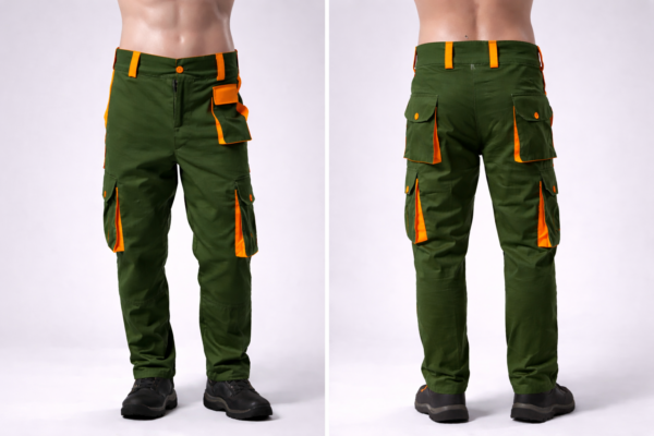 Custom reflective cargo work trousers Kenya in twill fabric with knee guard area and orange-silver reflective trim