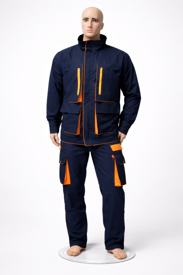 Custom reflective work suit Kenya made from twill fabric with fluorescent-backed or plain silver reflector tape