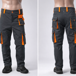 Custom twill cargo trousers Kenya with knee guard area and optional orange and silver reflective trim