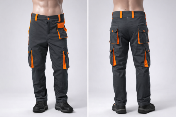 Custom twill cargo trousers Kenya with knee guard area and optional orange and silver reflective trim