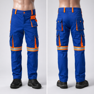 Custom twill work trousers Kenya with knee guard area and optional orange-silver reflective trim