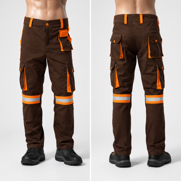 Custom work trousers with knee pad pockets Kenya in twill fabric with knee guard area and optional orange-silver reflective trim