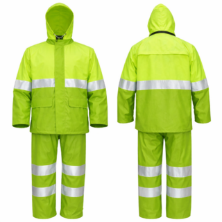 Green reflective rain suit Kenya coat and trouser set made from 190T nylon waterproof material