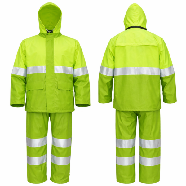Green reflective rain suit Kenya coat and trouser set made from 190T nylon waterproof material