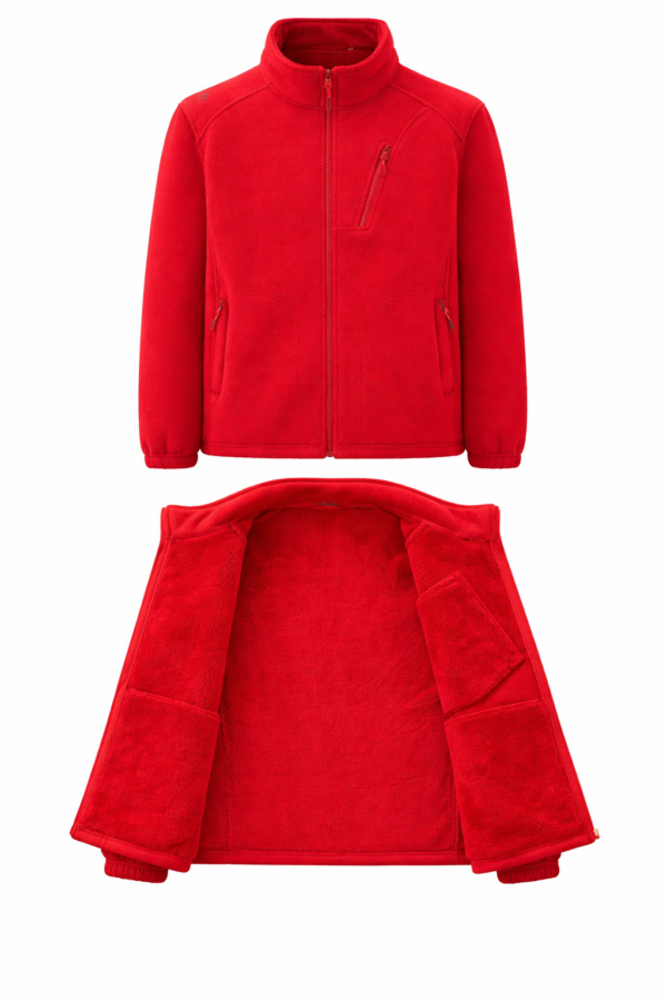 Red fleece jacket in Kenya warm brand-forward team layer