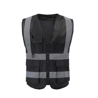 Black pocket reflector vest with silver reflective strips, zipper front, and multiple pockets