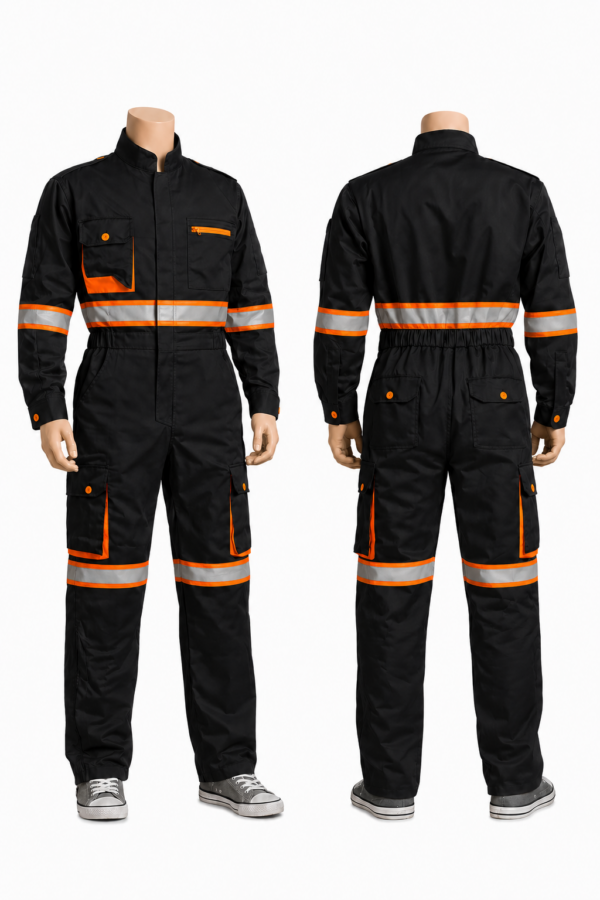 Black reflective cargo overall with silver reflective strips and multiple pockets