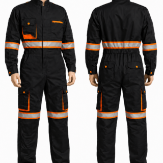 Brown reflective cargo overall with silver reflective strips and multiple pockets