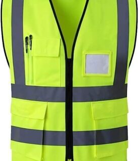 Green pocket reflector vest with silver reflective strips, zipper front, and multiple pockets