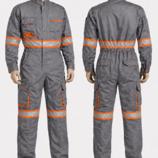 Grey reflective cargo overall with silver reflective strips and multiple pockets