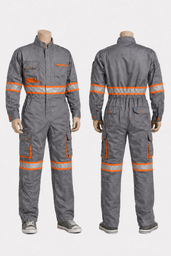 Grey reflective cargo overall with silver reflective strips and multiple pockets