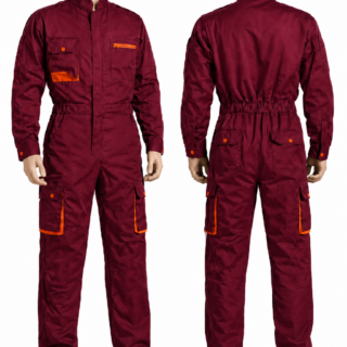 Maroon cargo overall without reflective strips and with multiple utility pockets