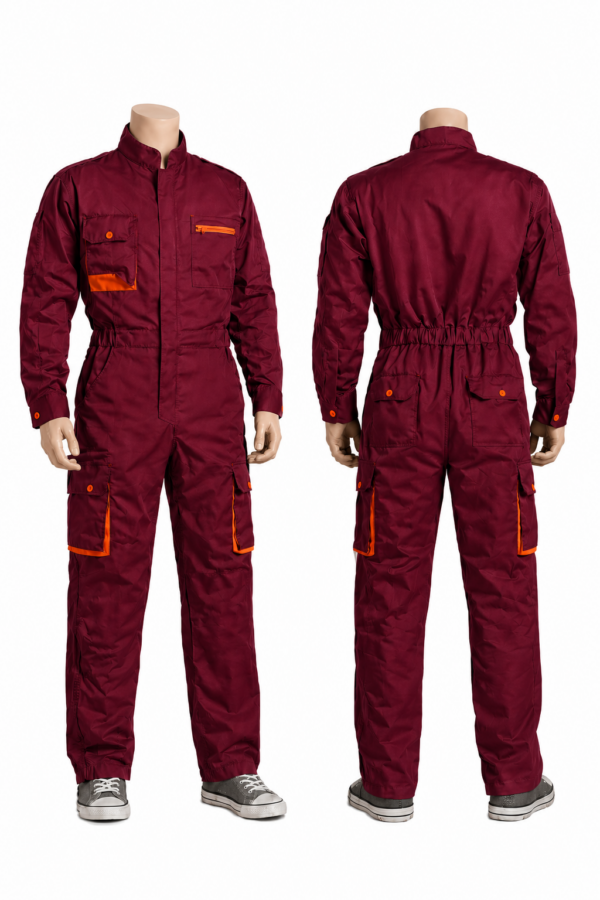 Maroon cargo overall without reflective strips and with multiple utility pockets