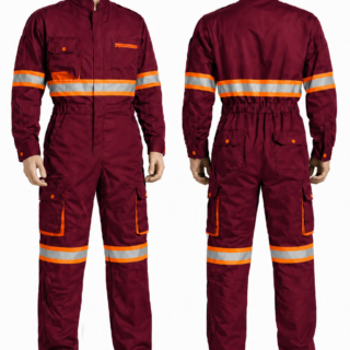 Maroon reflective cargo overall with silver reflective strips and multiple pockets