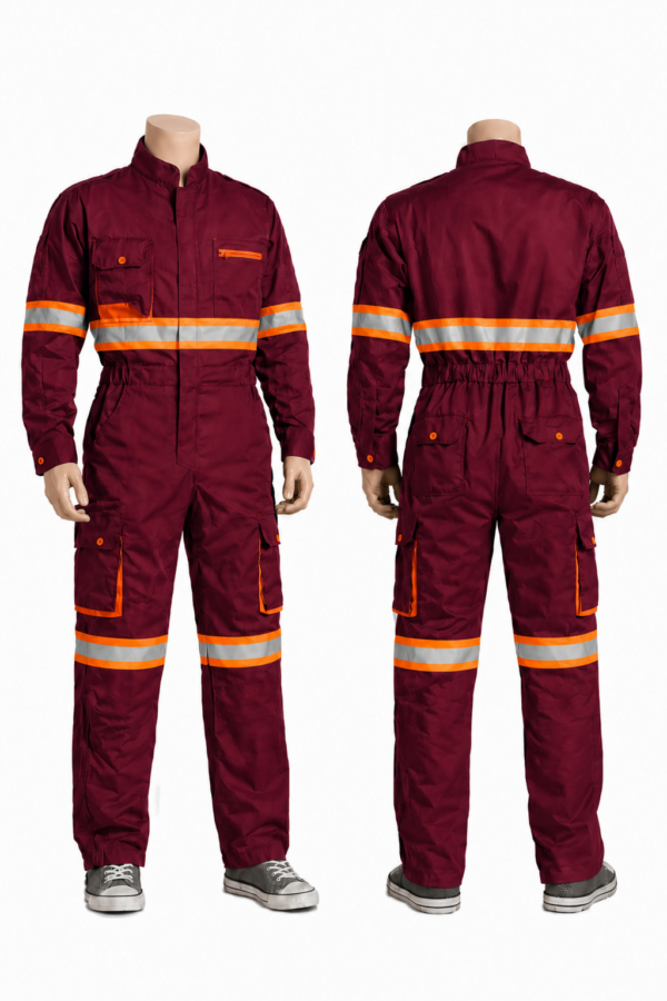 Maroon reflective cargo overall with silver reflective strips and multiple pockets