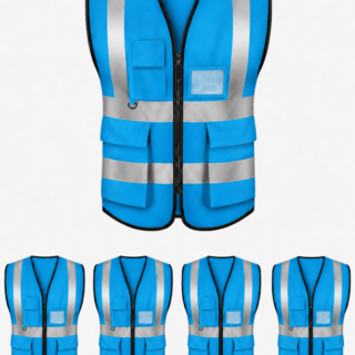 Ocean blue pocket reflector vest with silver reflective strips, zipper front, and multiple pockets