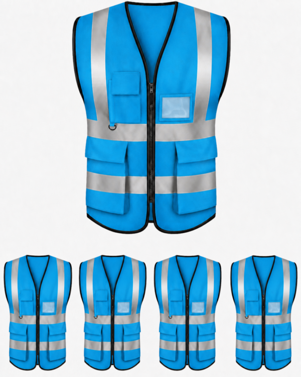 Ocean blue pocket reflector vest with silver reflective strips, zipper front, and multiple pockets
