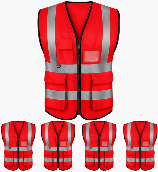 Orange pocket reflector vest with silver reflective strips, zipper front, and multiple pockets