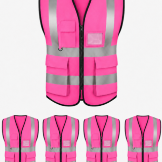 Pink pocket reflector vest with silver reflective strips, zipper front, and multiple pockets
